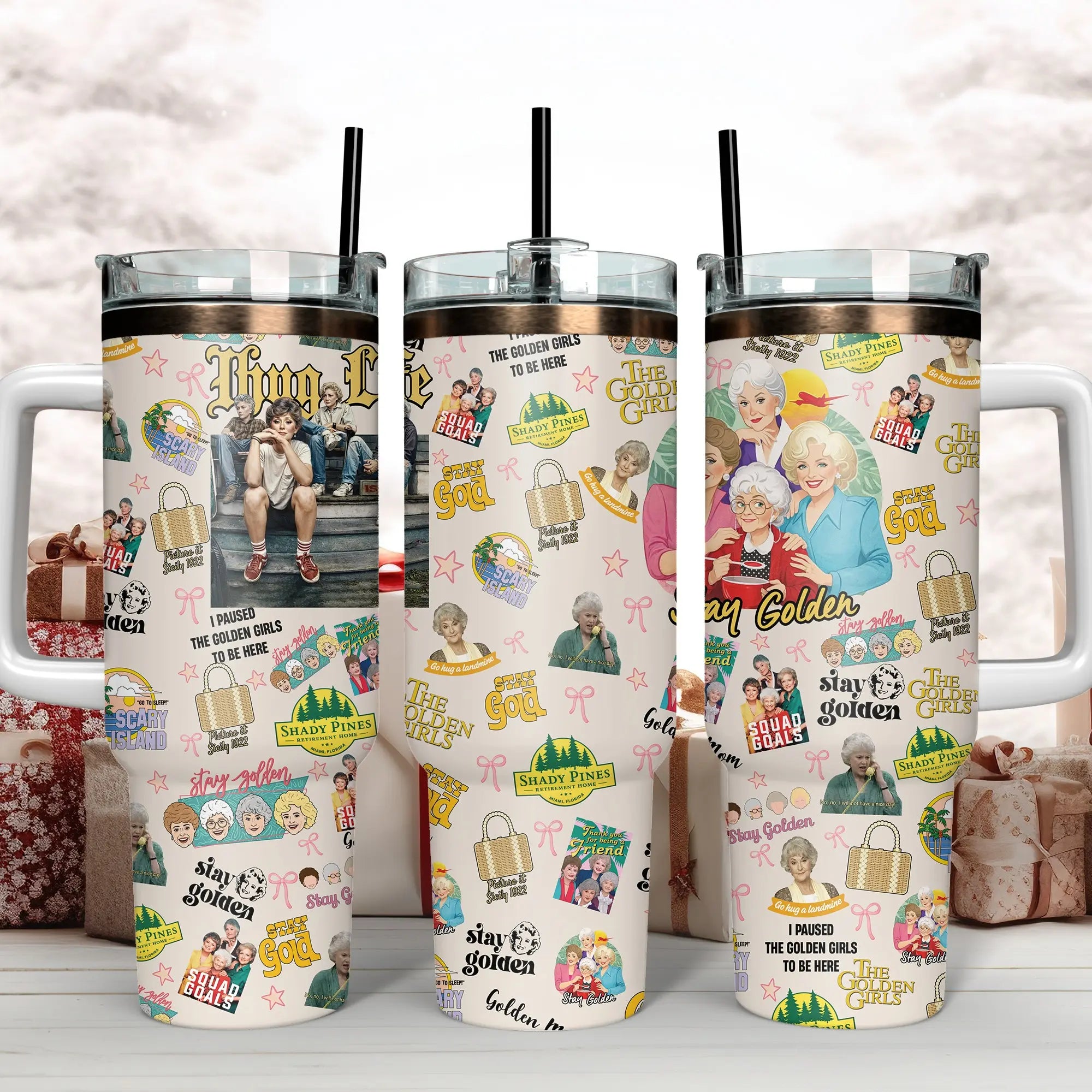 The Golden Girls Tumbler Collection - Blanche, Rose, Dorothy, Sophia & Iconic Quotes Insulated Mugs with Handles & Straws - Perfect for Fans of Shady Pines, Sitcoms & Cheesecake Lovers