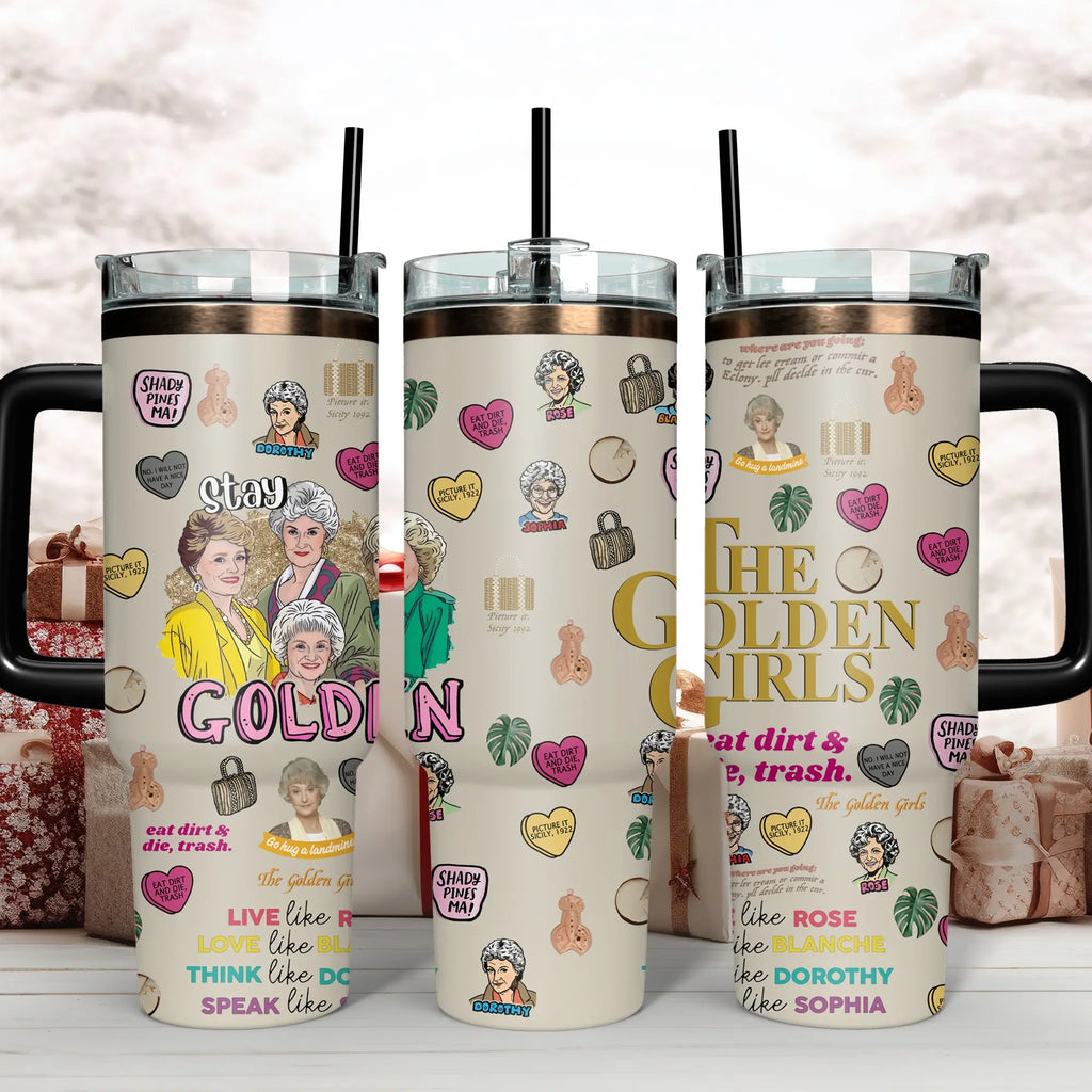 The Golden Girls Tumbler Collection - Blanche, Rose, Dorothy, Sophia & Iconic Quotes Insulated Mugs with Handles & Straws - Perfect for Fans of Shady Pines, Sitcoms & Cheesecake Lovers