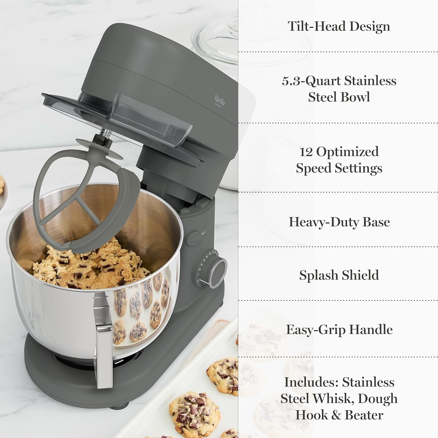 5.3Qt Stand Mixer, 12-Speed Tilt-Head Electric Kitchen Mixer with Stainless Steel Bowl, Dough Hook, Whisk & Beater, Splash Guard, Ideal for Baking Bread, Cake & Whipping, Caviar Gray
