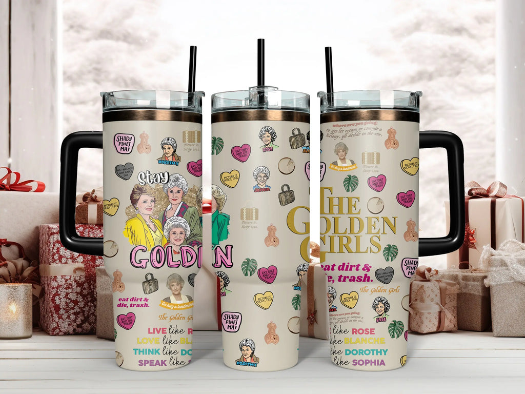 The Golden Girls Tumbler Collection - Blanche, Rose, Dorothy, Sophia & Iconic Quotes Insulated Mugs with Handles & Straws - Perfect for Fans of Shady Pines, Sitcoms & Cheesecake Lovers