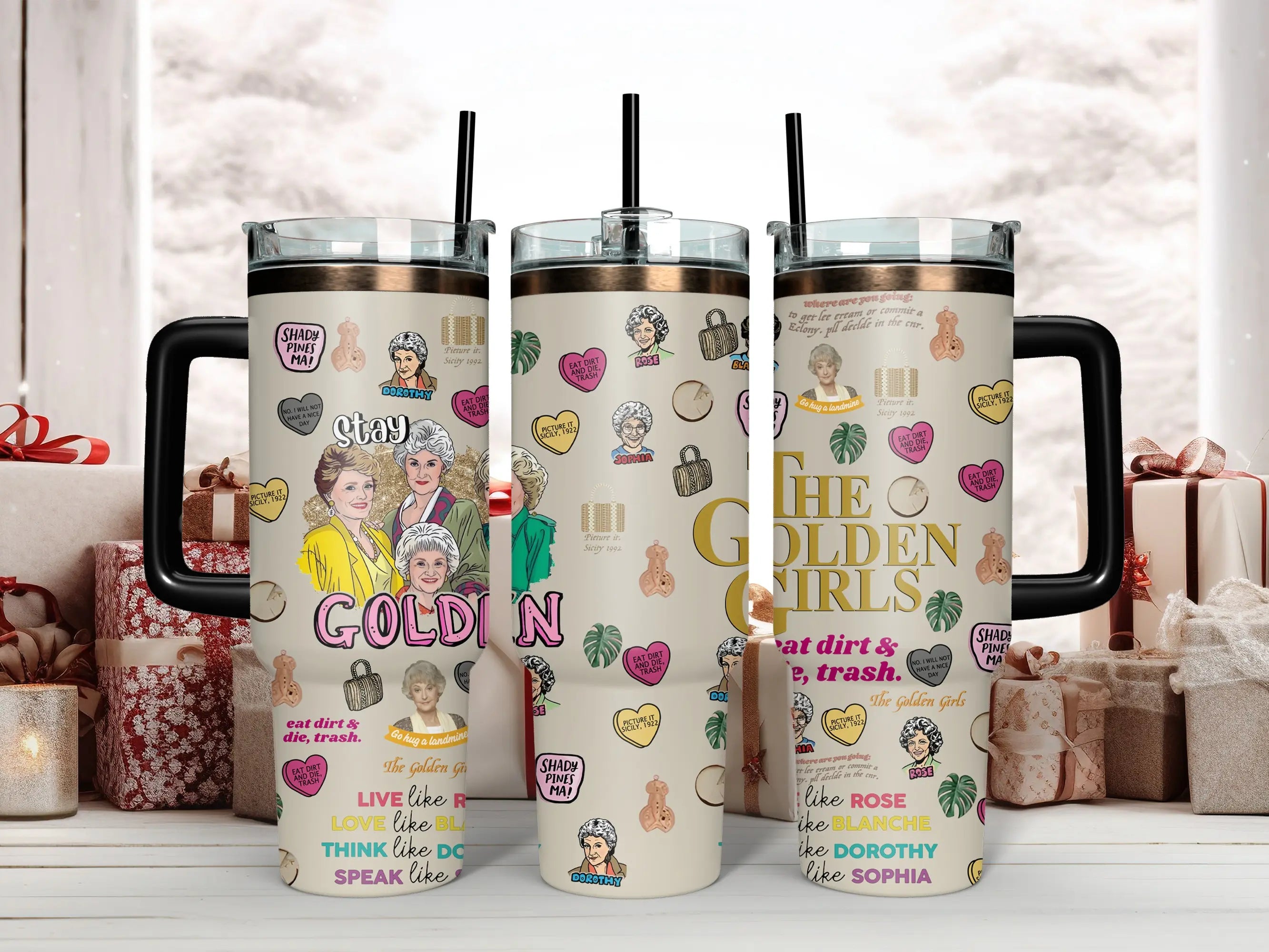 The Golden Girls Tumbler Collection - Blanche, Rose, Dorothy, Sophia & Iconic Quotes Insulated Mugs with Handles & Straws - Perfect for Fans of Shady Pines, Sitcoms & Cheesecake Lovers