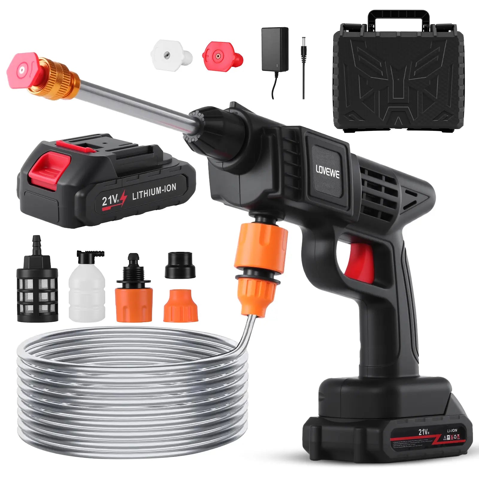 LOVEWE Cordless Pressure Washer, Handheld Power Washer with 2 Batteries, Portable Pressure Washer with 16.5Ft Hose, Battery Operated Power Washer for Car, House, Patio, Garden Cleaning Accessories