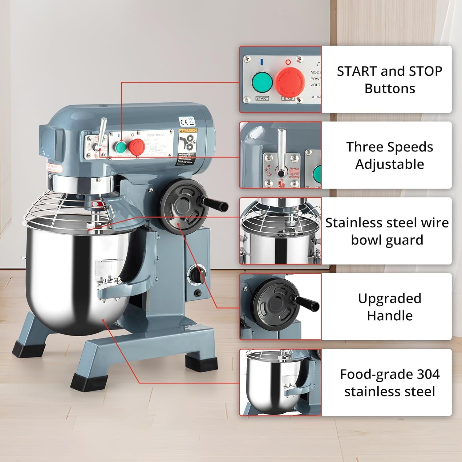 Commercial Food Mixer, Commercial Mixer 15QT 600W with Stainless Steel Bowl, 130/233/415RPM 3 Speed Heavy Duty Stand Food Mixer Commercial for Bakery Pizzeria Restaurant