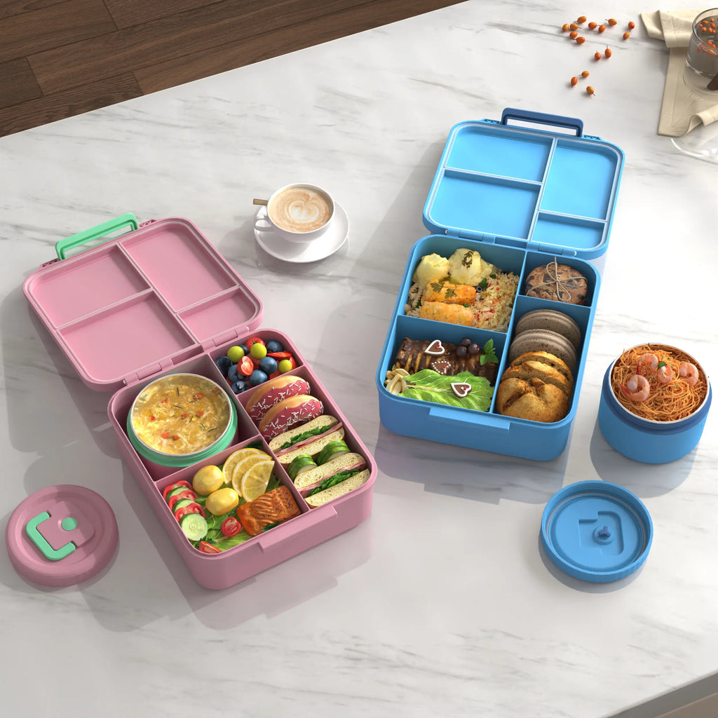 Bento Lunch Box Set for Kids 8Oz Soup Thermo 4 Compartment Insulated Hot Food Jar School Travel Gift Kitchen Accessories Blue Tin Canister Tableware Containers