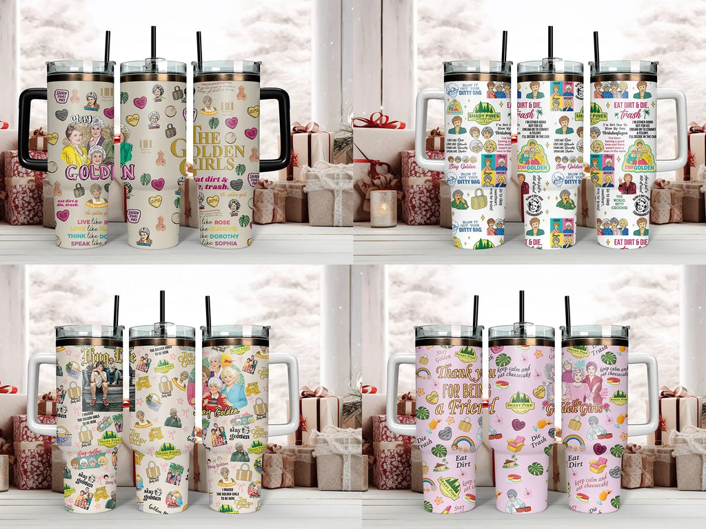 The Golden Girls Tumbler Collection - Blanche, Rose, Dorothy, Sophia & Iconic Quotes Insulated Mugs with Handles & Straws - Perfect for Fans of Shady Pines, Sitcoms & Cheesecake Lovers