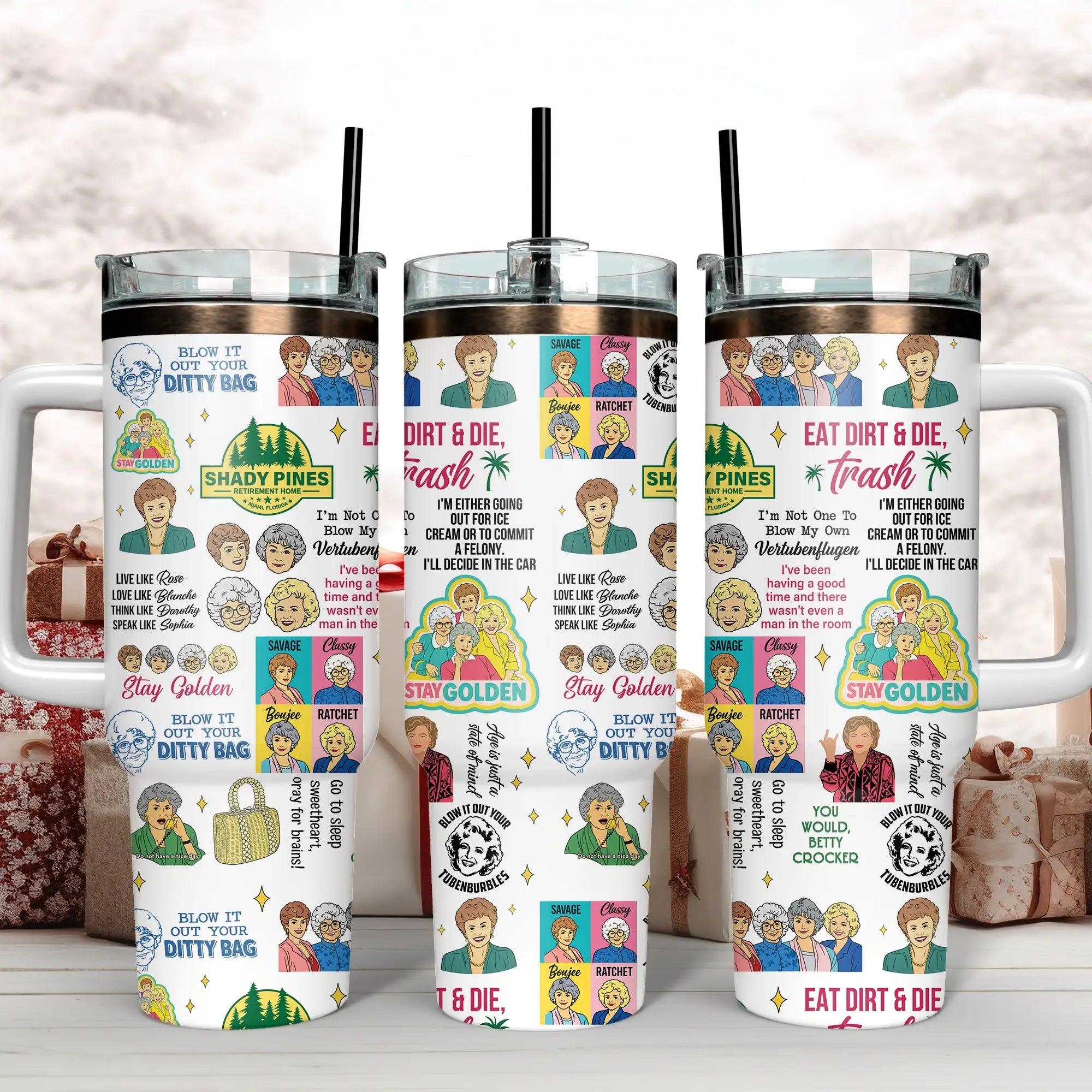 The Golden Girls Tumbler Collection - Blanche, Rose, Dorothy, Sophia & Iconic Quotes Insulated Mugs with Handles & Straws - Perfect for Fans of Shady Pines, Sitcoms & Cheesecake Lovers