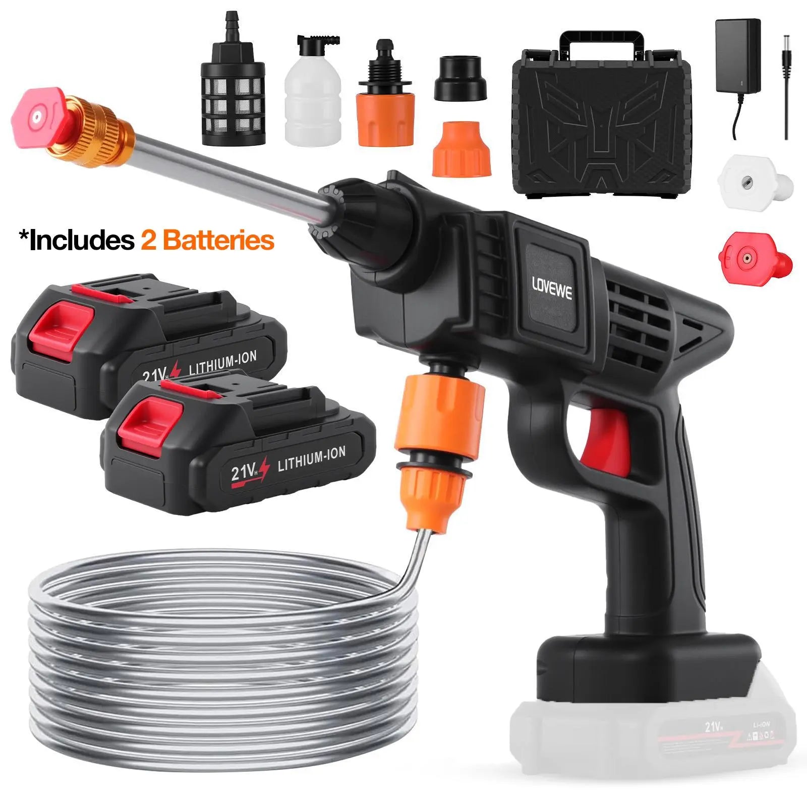 LOVEWE Cordless Pressure Washer, Handheld Power Washer with 2 Batteries, Portable Pressure Washer with 16.5Ft Hose, Battery Operated Power Washer for Car, House, Patio, Garden Cleaning Accessories