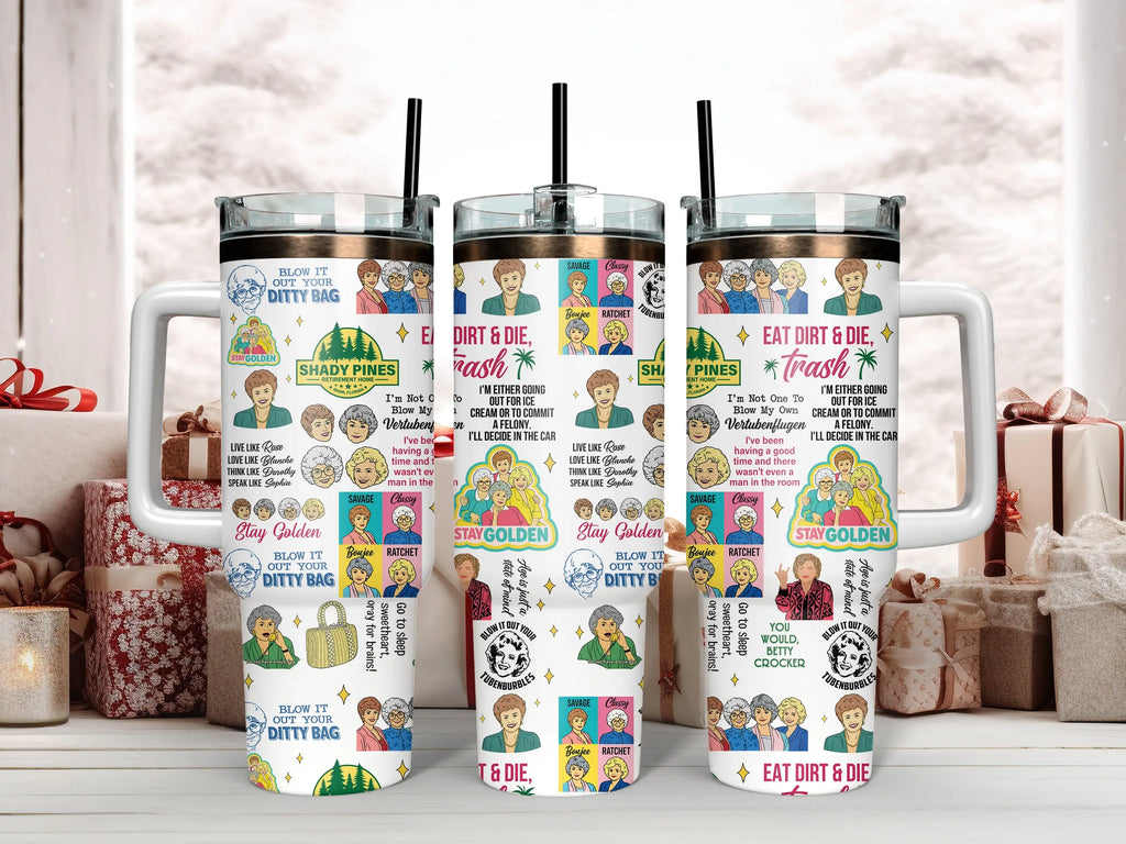 The Golden Girls Tumbler Collection - Blanche, Rose, Dorothy, Sophia & Iconic Quotes Insulated Mugs with Handles & Straws - Perfect for Fans of Shady Pines, Sitcoms & Cheesecake Lovers