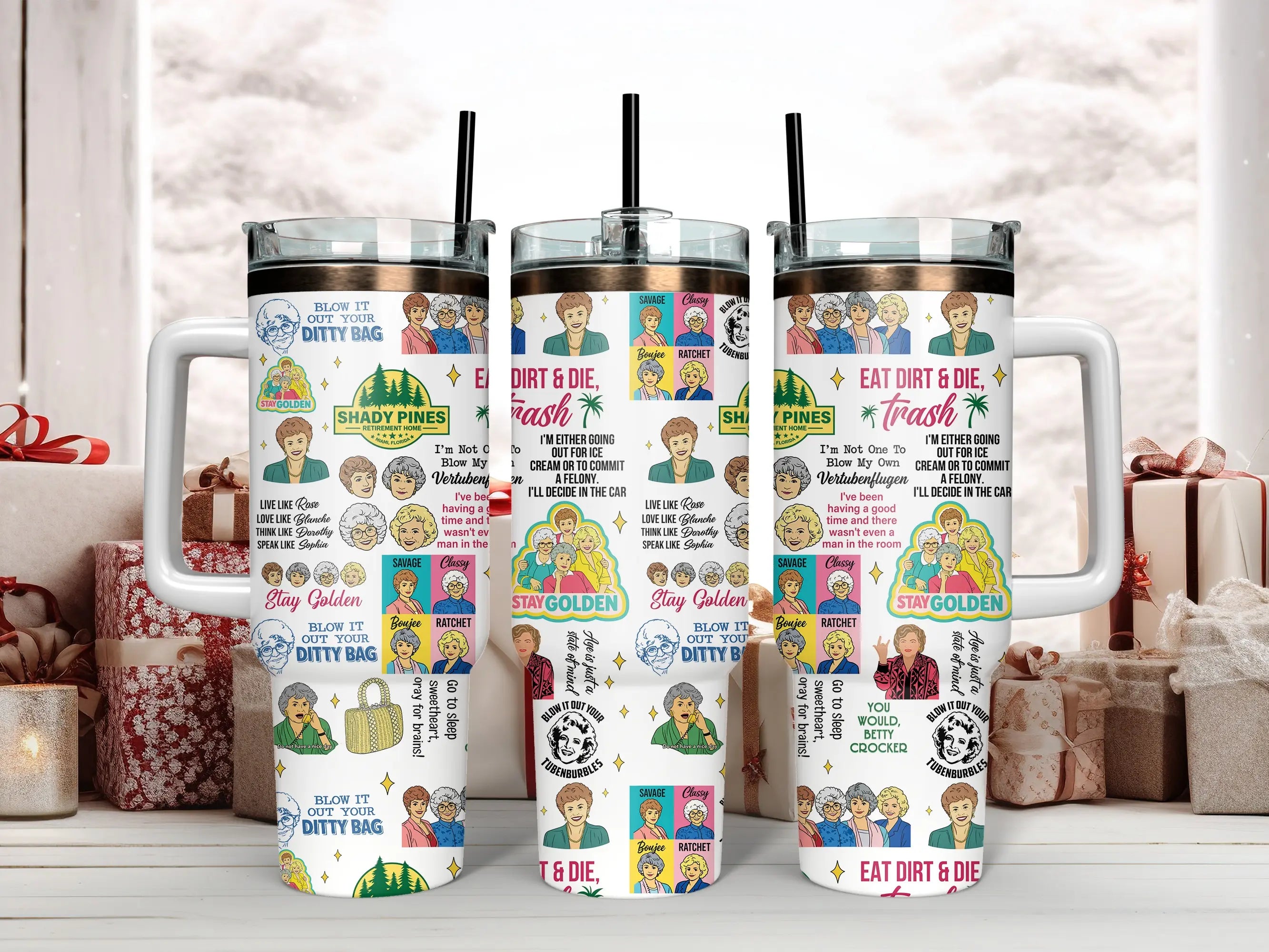 The Golden Girls Tumbler Collection - Blanche, Rose, Dorothy, Sophia & Iconic Quotes Insulated Mugs with Handles & Straws - Perfect for Fans of Shady Pines, Sitcoms & Cheesecake Lovers