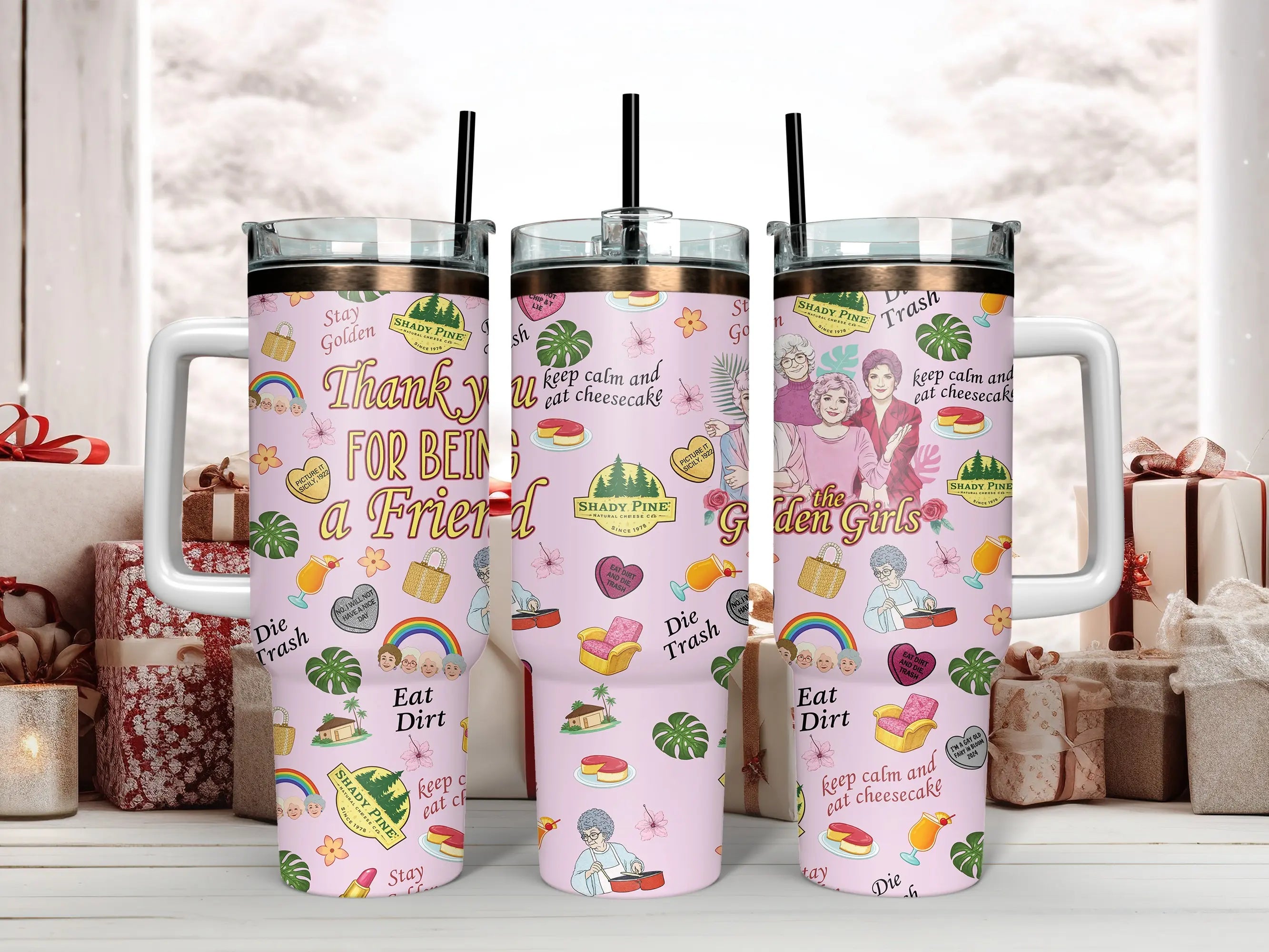 The Golden Girls Tumbler Collection - Blanche, Rose, Dorothy, Sophia & Iconic Quotes Insulated Mugs with Handles & Straws - Perfect for Fans of Shady Pines, Sitcoms & Cheesecake Lovers