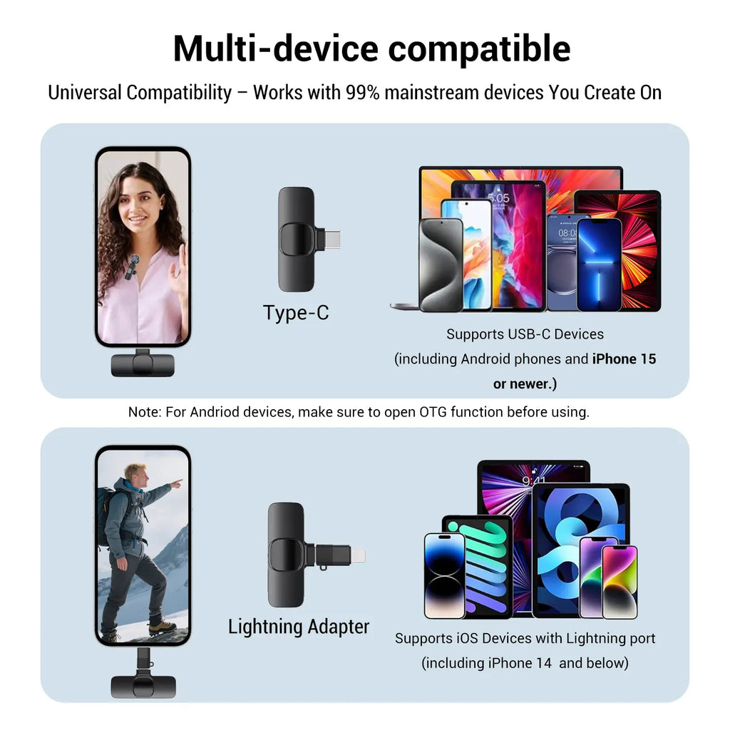 Hitozon Wireless Mini Microphone for Iphone 15/16/17, Ipad, Android, Wireless Lavalier Microphone with Noise Reduction, Portable USB C Lapel Mic for Video Recording, Vlog, Tiktok, Youtube