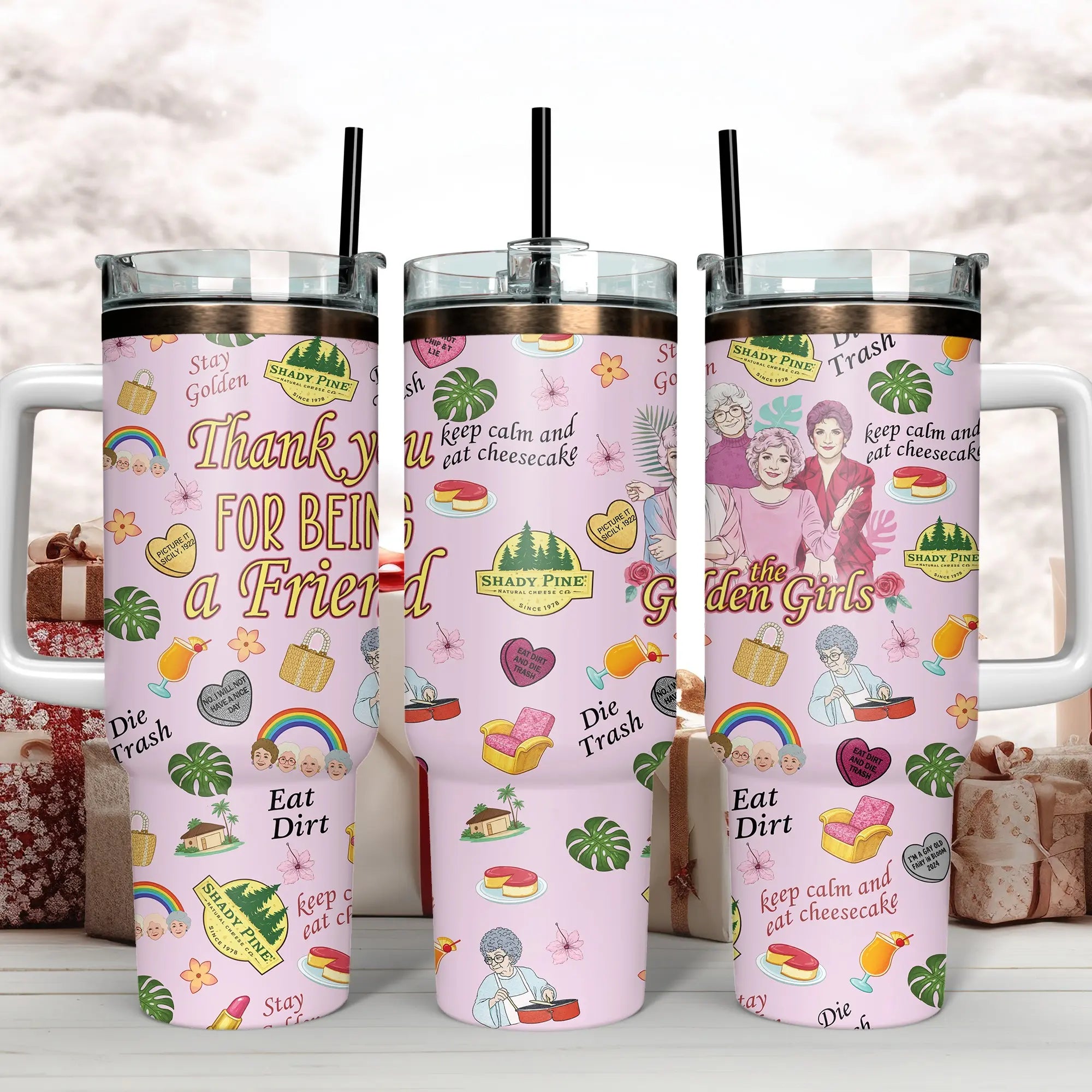 The Golden Girls Tumbler Collection - Blanche, Rose, Dorothy, Sophia & Iconic Quotes Insulated Mugs with Handles & Straws - Perfect for Fans of Shady Pines, Sitcoms & Cheesecake Lovers