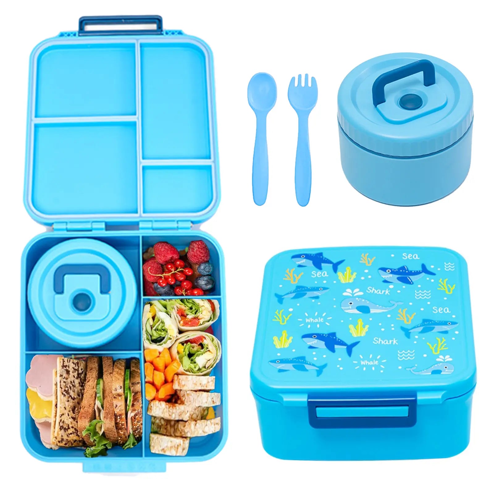 Bento Lunch Box Set for Kids 8Oz Soup Thermo 4 Compartment Insulated Hot Food Jar School Travel Gift Kitchen Accessories Blue Tin Canister Tableware Containers