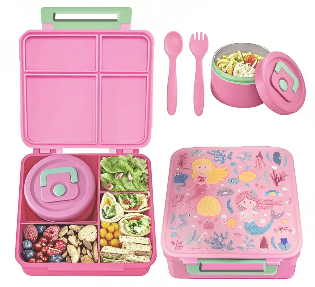 Bento Lunch Box Set for Kids 8Oz Soup Thermo 4 Compartment Insulated Hot Food Jar School Travel Gift Kitchen Accessories Blue Tin Canister Tableware Containers