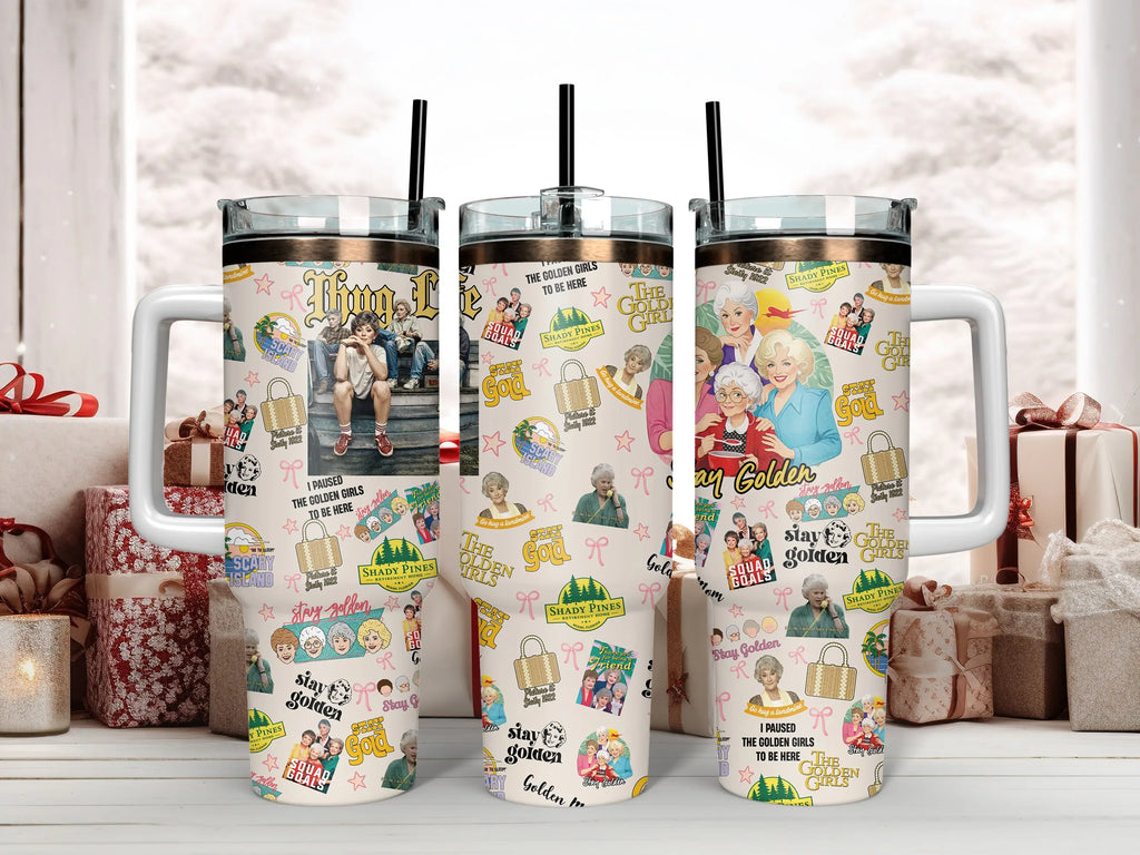 The Golden Girls Tumbler Collection - Blanche, Rose, Dorothy, Sophia & Iconic Quotes Insulated Mugs with Handles & Straws - Perfect for Fans of Shady Pines, Sitcoms & Cheesecake Lovers