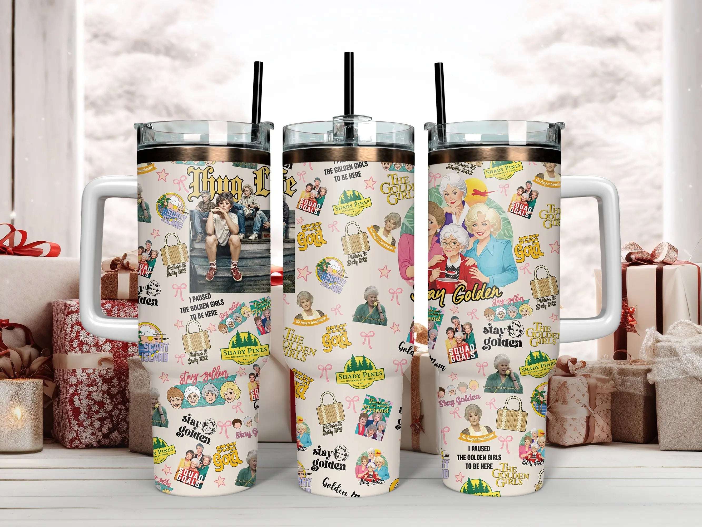 The Golden Girls Tumbler Collection - Blanche, Rose, Dorothy, Sophia & Iconic Quotes Insulated Mugs with Handles & Straws - Perfect for Fans of Shady Pines, Sitcoms & Cheesecake Lovers